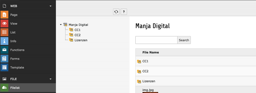Mit der TYPO3-Integration können Sie auf die Manja-Dateien innerhalb von TYPO3 zugreifen. Es werden die Verzeichnisse, wie in Manja, ausgegeben und Sie können dort über eine Volltextsuche nach Dateien suchen. Mit dem TYPO3-Addon haben Sie lesenden Zugriff auf Ihre Manja-Dateien aus TYPO3 heraus.