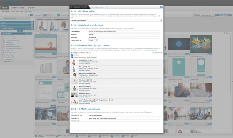 Dateien und Assets für Andere zur Verfügung stellen. Dies ist einerseits über einen internen Link möglich, andererseits über eine versendete E-Mail mit den entsprechenden Dateien im Anhang. Ein einfacher Dialog führt Sie durch die wenigen Schritte, um ausgesuchte Dateien an Andere zu versenden und zu teilen.