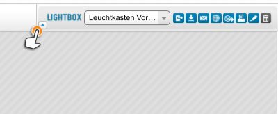 Die Symbolleiste der Leuchtkästen beinhaltet die Auswahl von Leuchtkästen in einem DropDown, das Öffnen, Versenden, Herunterladen, Veröffentlichen, Exportieren, Drucken, Bearbeiten und Löschen eines ausgewählten Leuchtkastens.