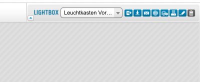 Die Symbolleiste der Leuchtkästen beinhaltet die Auswahl von Leuchtkästen in einem DropDown, das Öffnen, Versenden, Herunterladen, Veröffentlichen, Exportieren, Drucken, Bearbeiten und Löschen eines ausgewählten Leuchtkastens.