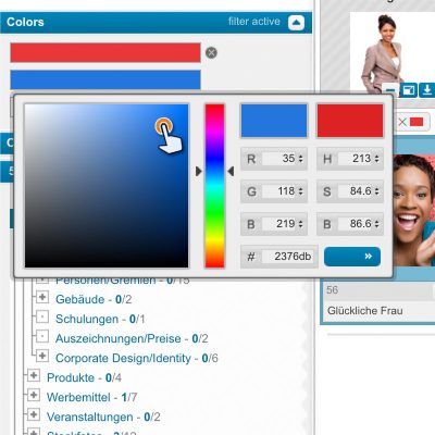 Color search is used to find similar images and assets that are created within a narrow and very similar color spectrum. Multiple color values can be specified for the search to obtain a search result with images and assets from the same color world.