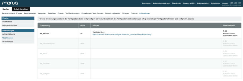 Administration > Informationen > Web Services